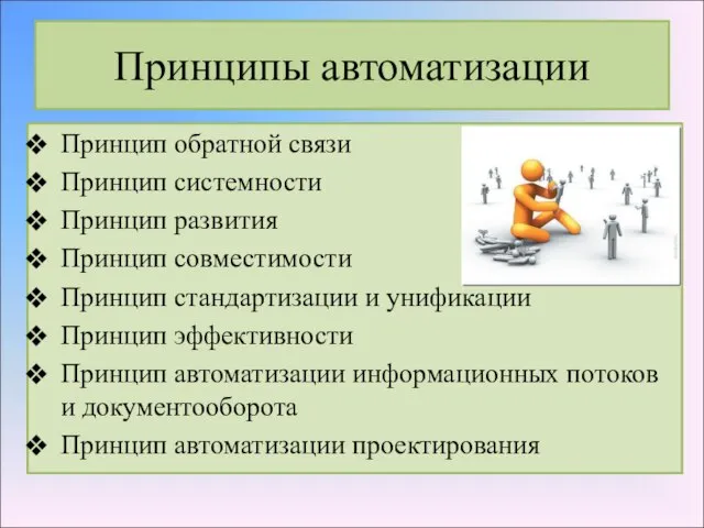 Принципы автоматизации Принцип обратной связи Принцип системности Принцип развития Принцип совместимости Принцип