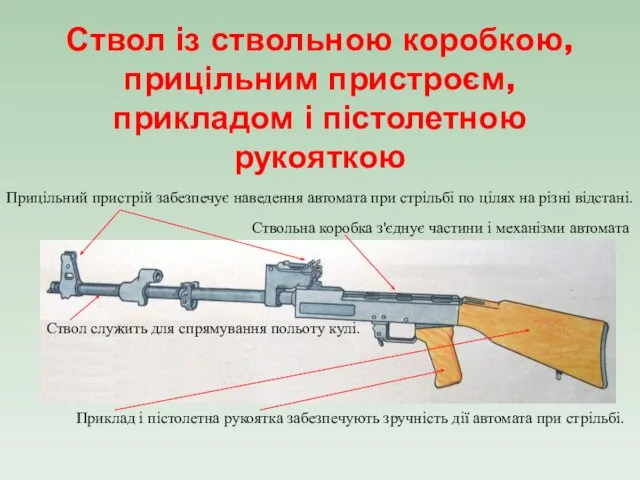 Ствол із ствольною коробкою, прицільним пристроєм, прикладом і пістолетною рукояткою Ствол служить