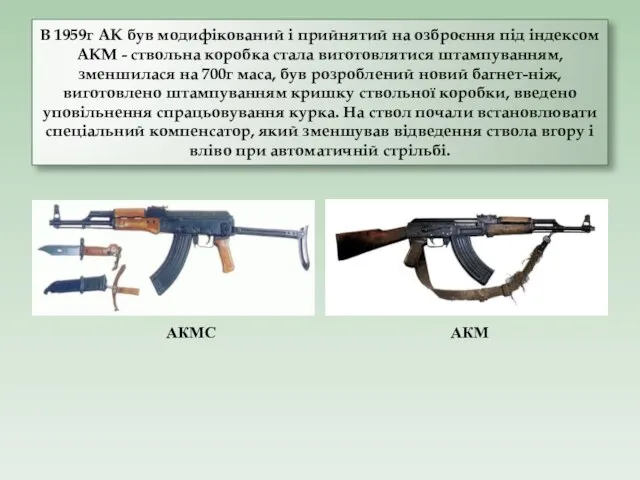 В 1959г АК був модифікований і прийнятий на озброєння під індексом АКМ