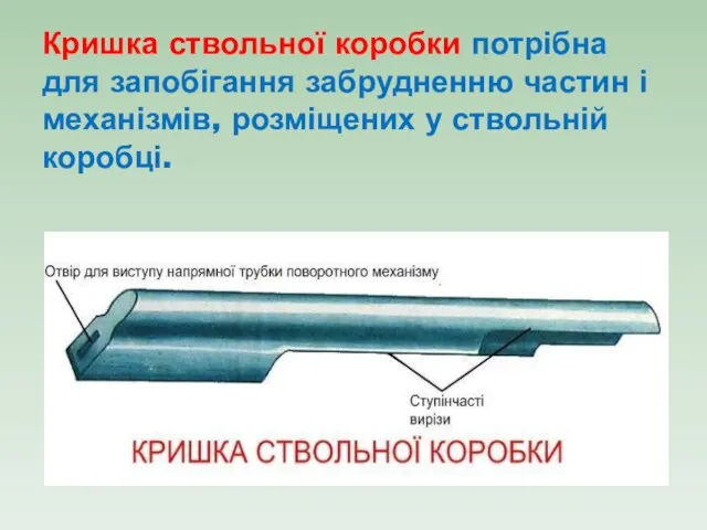 Кришка ствольної коробки потрібна для запобігання забрудненню частин і механізмів, розміщених у ствольній коробці.