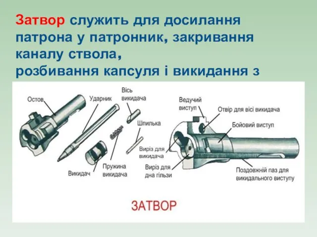 Затвор служить для досилання патрона у патронник, закривання каналу ствола, розбивання капсуля