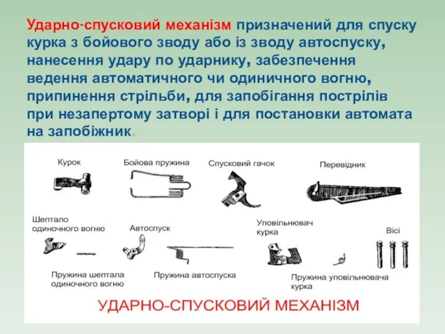 Ударно-спусковий механізм призначений для спуску курка з бойового зводу або із зводу