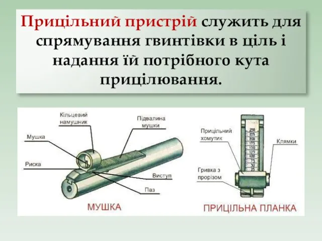 Прицільний пристрій служить для спрямування гвинтівки в ціль і надання їй потрібного кута прицілювання.