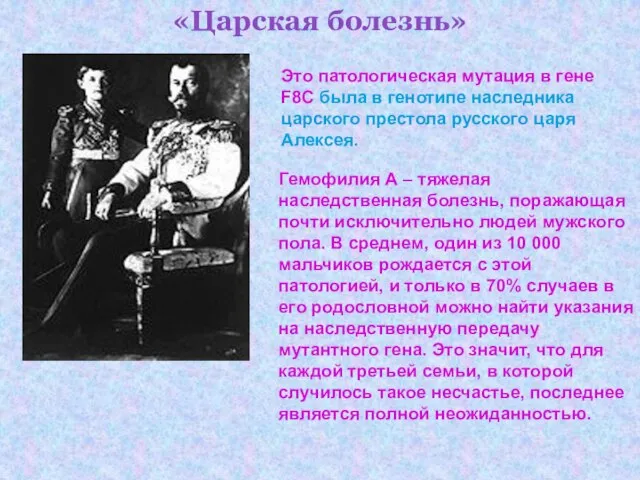 «Царская болезнь» Это патологическая мутация в гене F8C была в генотипе наследника