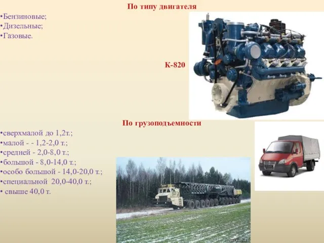 По типу двигателя Бензиновые; Дизельные; Газовые. К-820 По грузоподъемности сверхмалой до 1,2т.;