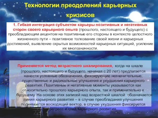 Технологии преодоления карьерных кризисов Применяется метод возрастного шкалирования, когда на шкале (прошлого,