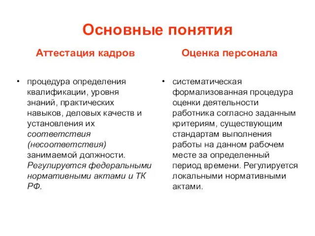 Основные понятия Аттестация кадров процедура определения квалификации, уровня знаний, практических навыков, деловых