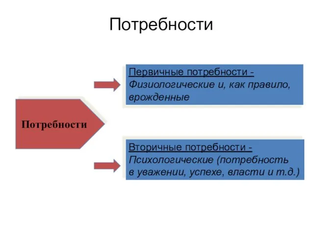 Потребности Первичные потребности - Физиологические и, как правило, врожденные Вторичные потребности -