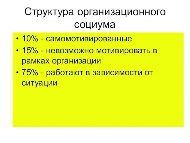 Структура организационного социума 10% - самомотивированные 15% - невозможно мотивировать в рамках