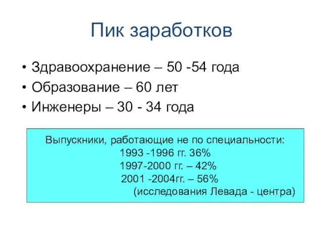 Пик заработков Здравоохранение – 50 -54 года Образование – 60 лет Инженеры