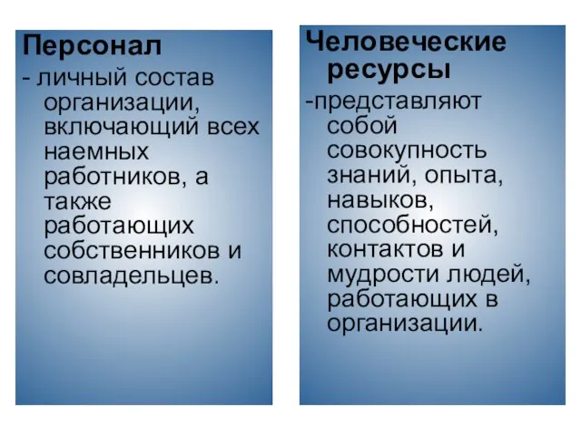 Персонал - личный состав организации, включающий всех наемных работников, а также работающих