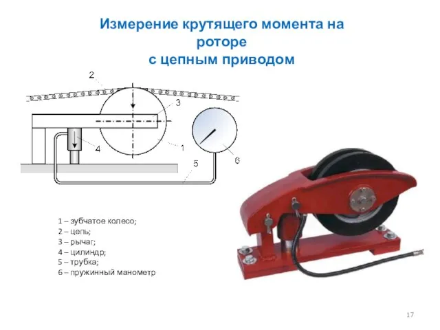 Измерение крутящего момента на роторе с цепным приводом 1 – зубчатое колесо;