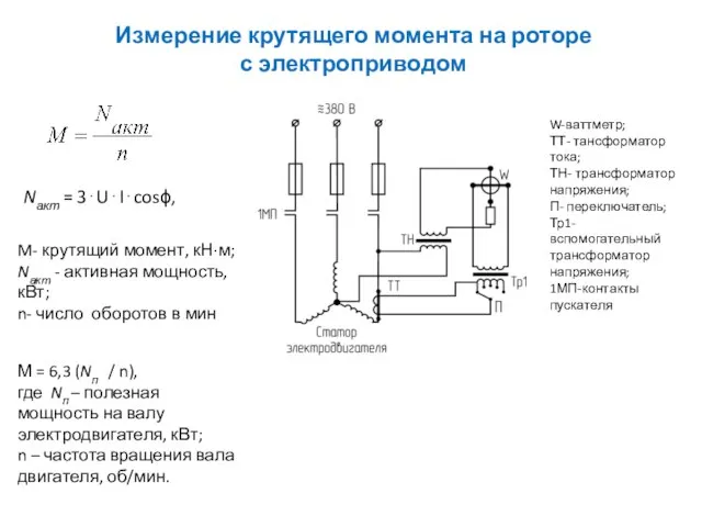 Измерение крутящего момента на роторе с электроприводом Nакт = 3⋅U⋅I⋅cosϕ, M- крутящий