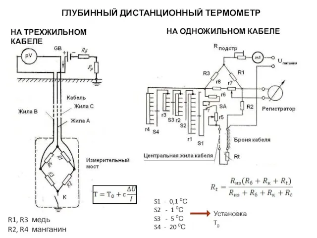 ГЛУБИННЫЙ ДИСТАНЦИОННЫЙ ТЕРМОМЕТР R1, R3 медь R2, R4 манганин НА ТРЕХЖИЛЬНОМ КАБЕЛЕ