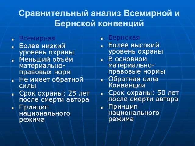 Сравнительный анализ Всемирной и Бернской конвенций Всемирная Более низкий уровень охраны Меньший