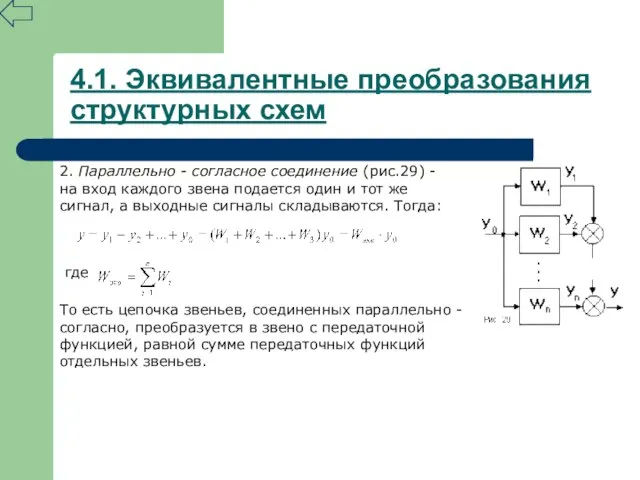 4.1. Эквивалентные преобразования структурных схем 2. Параллельно - согласное соединение (рис.29) -