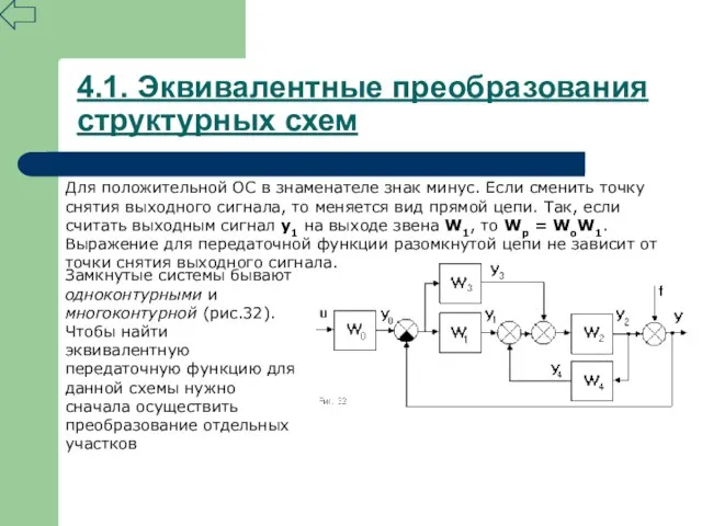 4.1. Эквивалентные преобразования структурных схем Для положительной ОС в знаменателе знак минус.