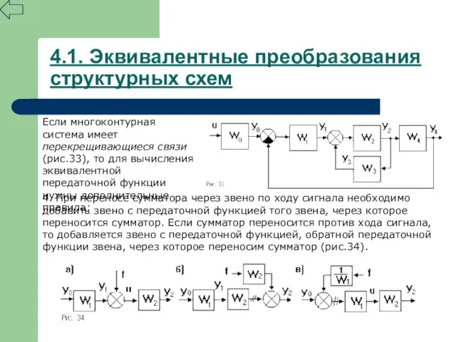 4.1. Эквивалентные преобразования структурных схем Если многоконтурная система имеет перекрещивающиеся связи (рис.33),