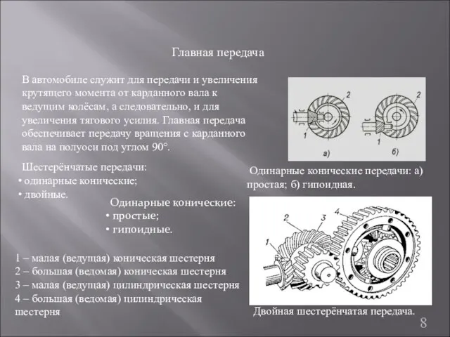 8 Главная передача В автомобиле служит для передачи и увеличения крутящего момента