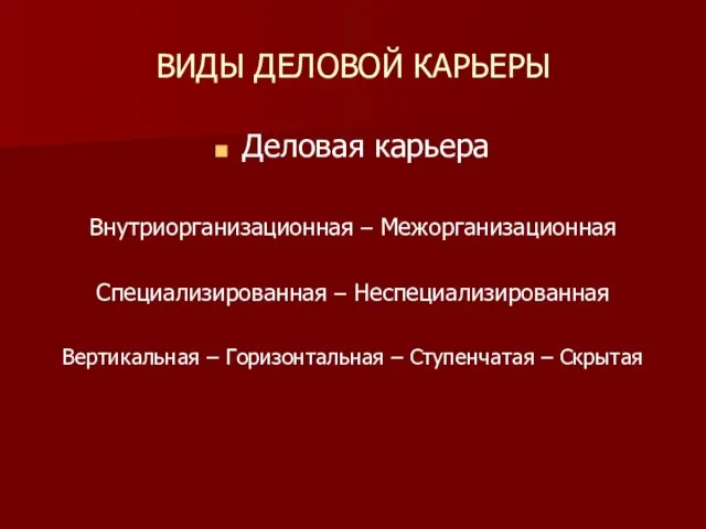 ВИДЫ ДЕЛОВОЙ КАРЬЕРЫ Деловая карьера Внутриорганизационная – Межорганизационная Специализированная – Неспециализированная Вертикальная