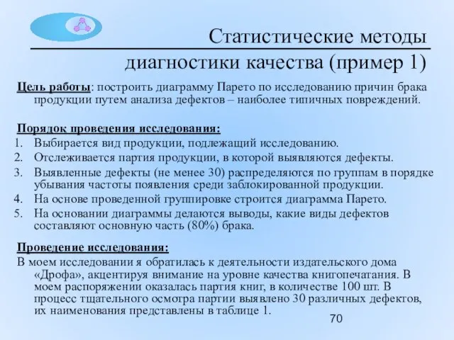 Цель работы: построить диаграмму Парето по исследованию причин брака продукции путем анализа