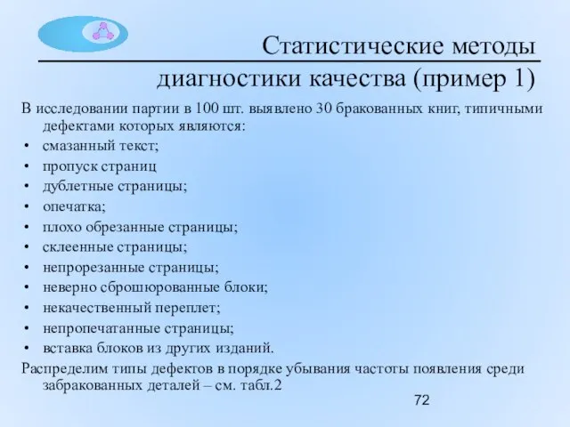 Статистические методы диагностики качества (пример 1) В исследовании партии в 100 шт.