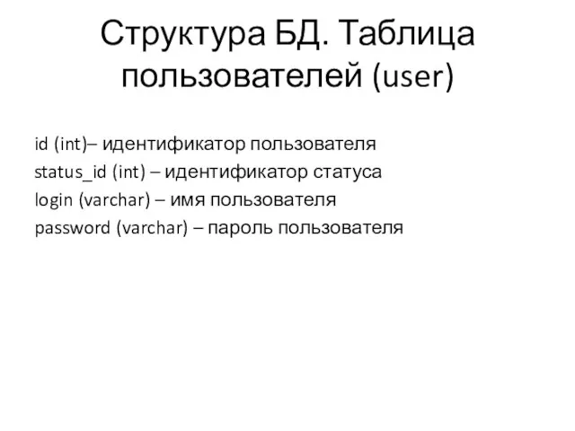Структура БД. Таблица пользователей (user) id (int)– идентификатор пользователя status_id (int) –