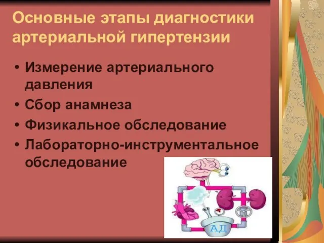 Основные этапы диагностики артериальной гипертензии Измерение артериального давления Сбор анамнеза Физикальное обследование Лабораторно-инструментальное обследование