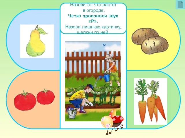 Назови то, что растет в огороде. Четко произноси звук «Р». Назови лишнюю картинку, щелкни по ней.
