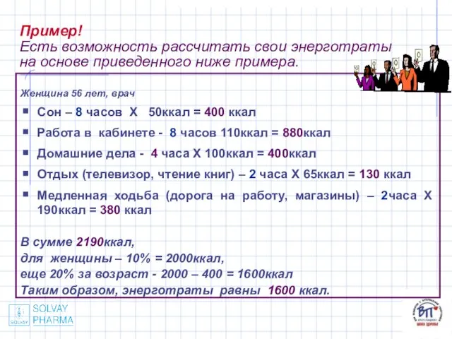 Пример! Есть возможность рассчитать свои энерготраты на основе приведенного ниже примера. Женщина