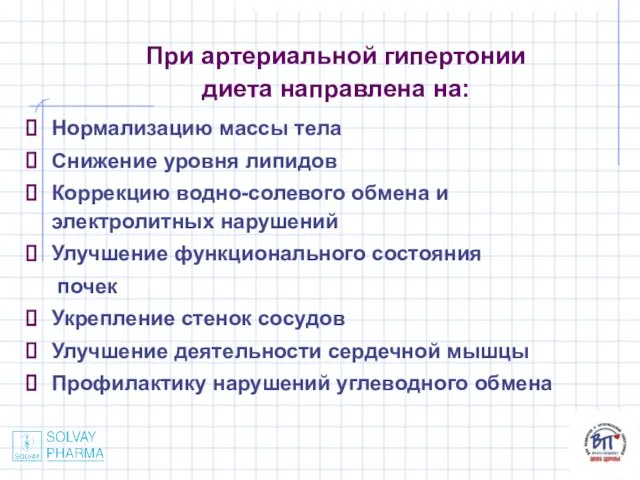 При артериальной гипертонии диета направлена на: Нормализацию массы тела Снижение уровня липидов