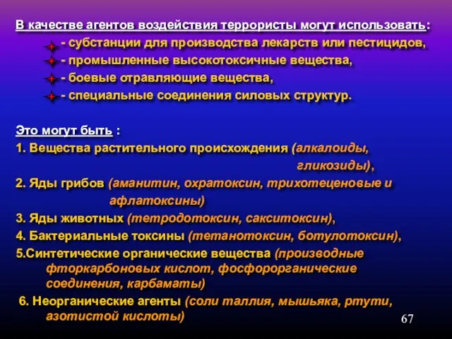 В качестве агентов воздействия террористы могут использовать: - субстанции для производства лекарств