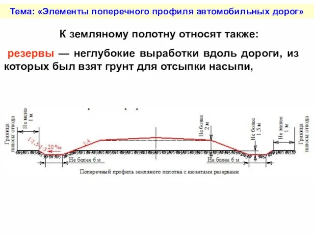 Тема: «Элементы поперечного профиля автомобильных дорог» К земляному полотну относят также: резервы