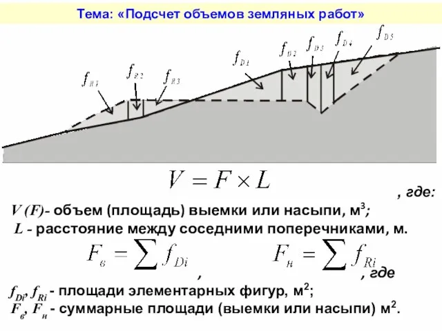 Тема: «Подсчет объемов земляных работ» , где: V (F)- объем (площадь) выемки