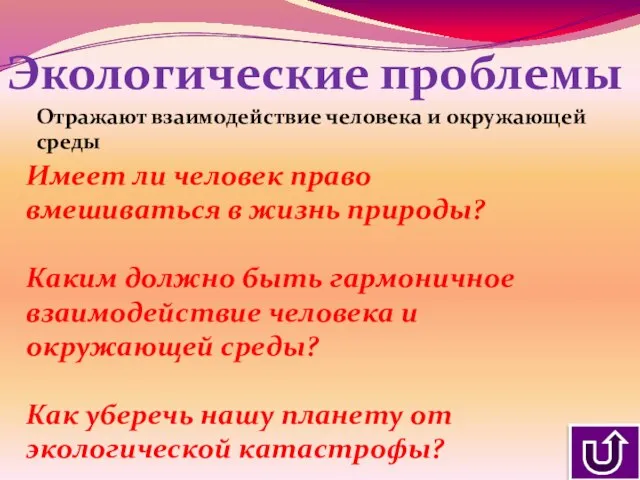 Экологические проблемы Отражают взаимодействие человека и окружающей среды Имеет ли человек право