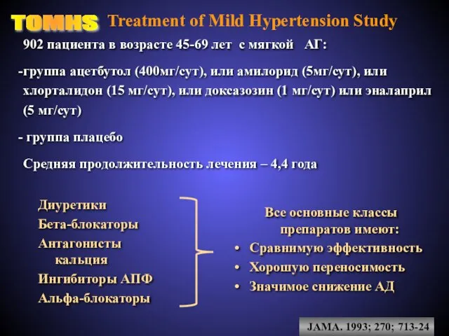 Treatment of Mild Hypertension Study Диуретики Бета-блокаторы Антагонисты кальция Ингибиторы АПФ Альфа-блокаторы