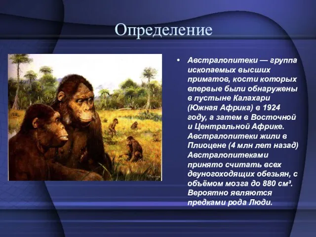 Определение . Австралопитеки — группа ископаемых высших приматов, кости которых впервые были