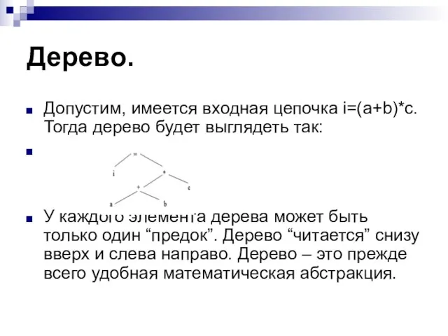 Дерево. Допустим, имеется входная цепочка i=(a+b)*c. Тогда дерево будет выглядеть так: У