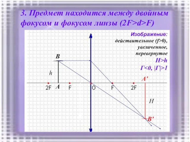 3. Предмет находится между двойным фокусом и фокусом линзы (2F>d>F) h A