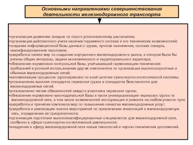 Основными направлениями совершенствования деятельности железнодорожного транспорта организация движения поездов по строго установленному