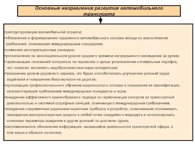 Основные направления развития автомобильного транспорта реструктуризация автомобильной отрасли; обновление и формирование подвижного