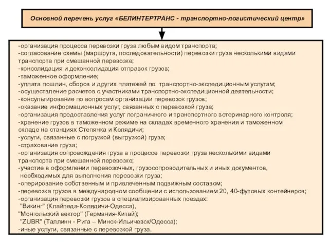 Основной перечень услуг «БЕЛИНТЕРТРАНС - транспортно-логистический центр» -организация процесса перевозки груза любым