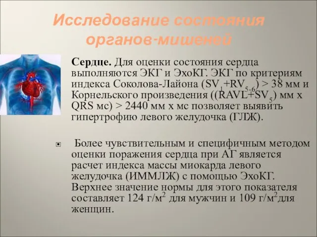 Исследование состояния органов-мишеней Сердце. Для оценки состояния сердца выполняются ЭКГ и ЭхоКГ.