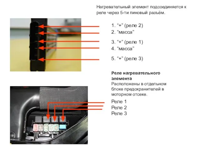 Нагревательный элемент подсоединяется к реле через 5-ти пиновый разъём. 1. “+” (реле