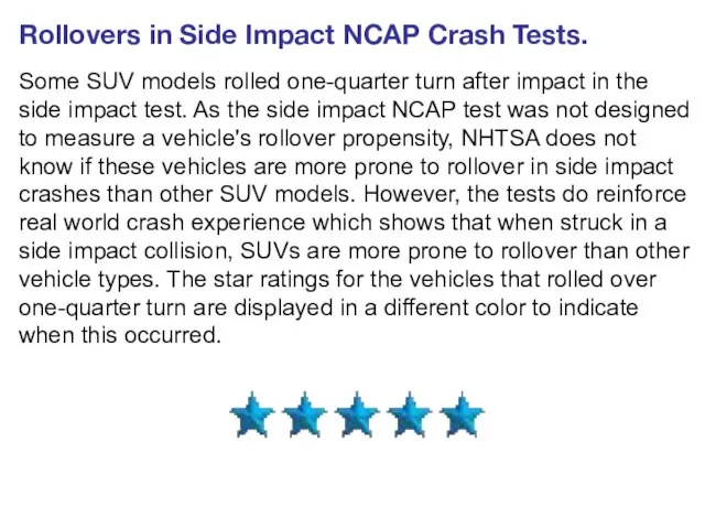 Rollovers in Side Impact NCAP Crash Tests. Some SUV models rolled one-quarter