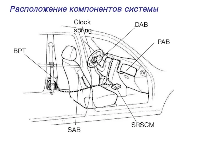 Расположение компонентов системы DAB Clock spring PAB BPT SRSCM SAB