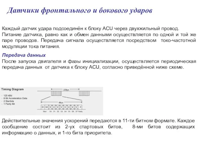 Датчики фронтального и бокового ударов Каждый датчик удара подсоединён к блоку ACU