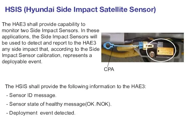 HSIS (Hyundai Side Impact Satellite Sensor) The HAE3 shall provide capability to