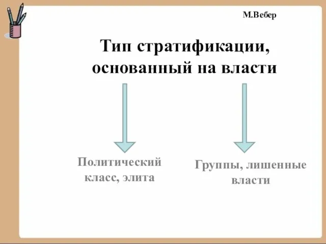 Тип стратификации, основанный на власти М.Вебер Политический класс, элита Группы, лишенные власти