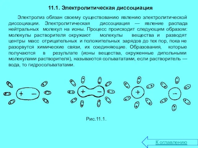 11.1. Электролитическая диссоциация Электролиз обязан своему существованию явлению электролитической диссоциации. Электролитическая диссоциация